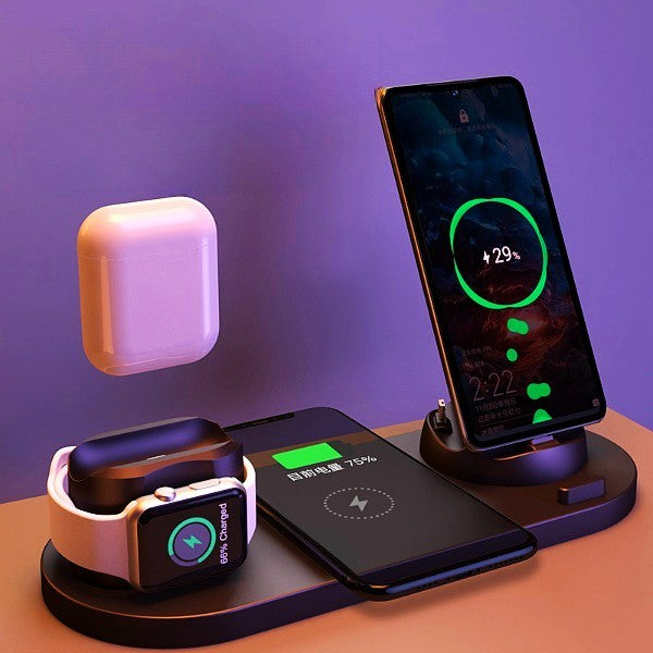 Wireless charging station with smartphone, smartwatch, and airpods on a purple background